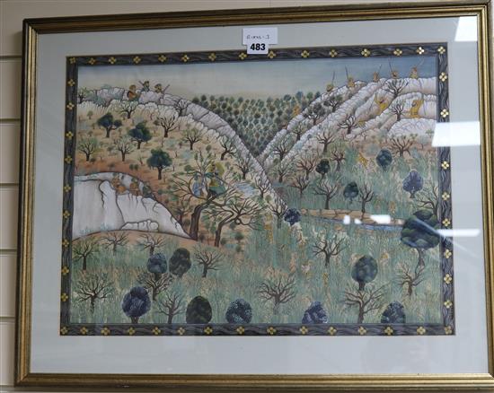 Indian School, gouache on silk of tiger hunters, 41 x 56cm